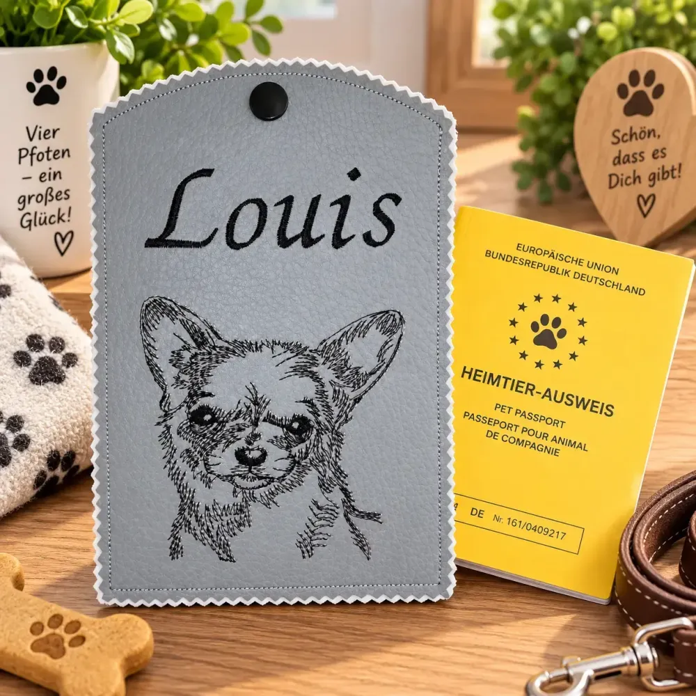 Graue Impfausweishülle Chihuahua mit Name Louis fertig bestickt