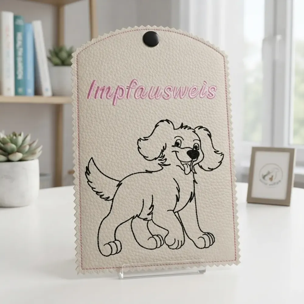 Beige Impfausweishülle mit Schriftzug Impfausweis fertig bestickt