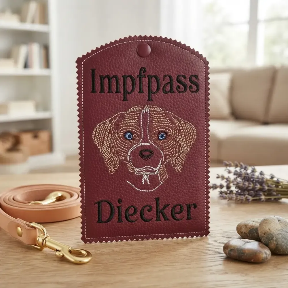 Dunkelrote Impfausweishülle Beagle fertig bestickt