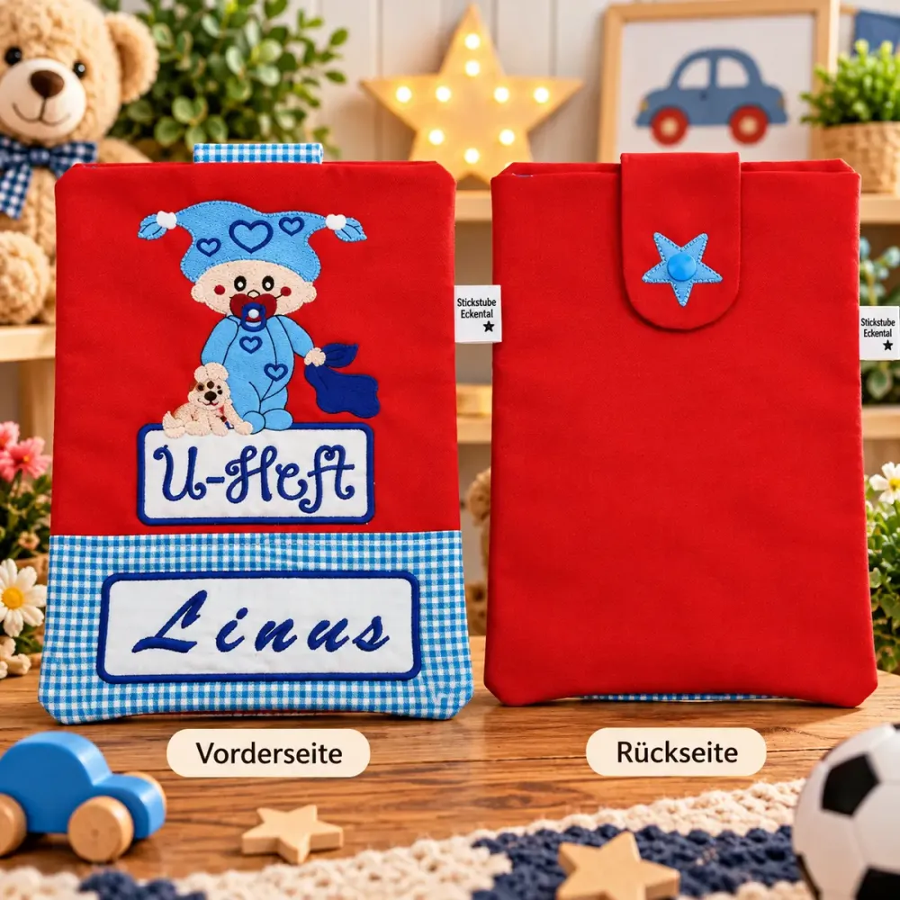 U-Heft Tasche mit eingesticktem Namen Linus aus Baumwolle