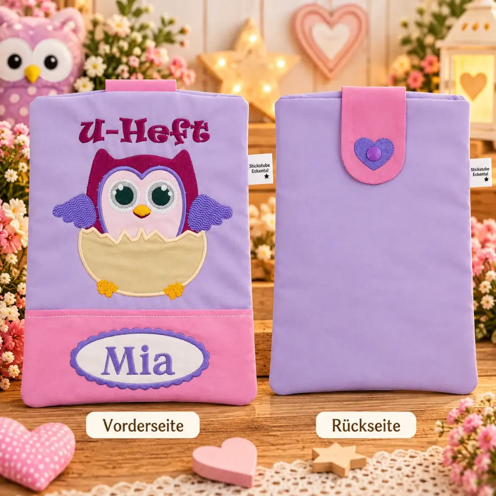 U-Heft Tasche Eule mit eingesticktem Namen Mia