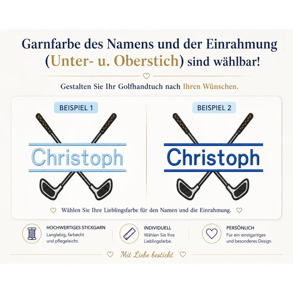 Garnfarbe des Namens und der Einrahmung (Unter- u. Oberstrich) sind wählbar!